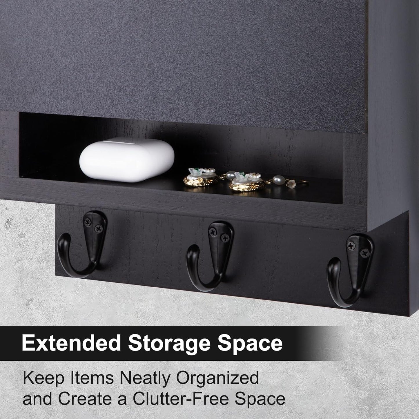 Key and Mail Holder for Wall with Chalkboard and Long Storage Box | Key Holder, Key Hanger with 3 Sturdy Hooks for Coat, Dog Leash, Entryway Mail Organizer