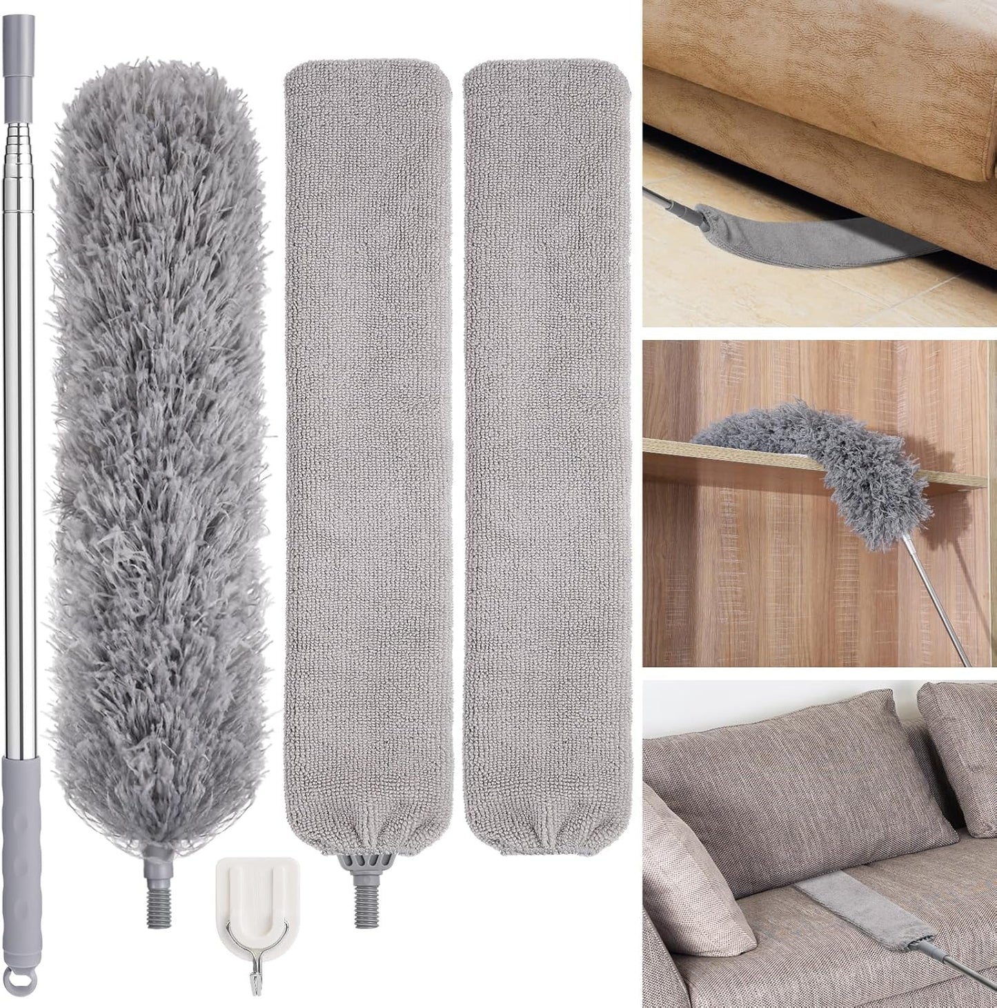 Feather Duster Set (4 Pieces), 30-100 inch Microfiber Retractable Gap Duster for Cleaning Ceilings, Furniture Refrigerators and Under Sofas | Bendable Head for Corner Cleaning, Washable Reusable Duster, Household Tool for Ceiling Furniture Under Sofa