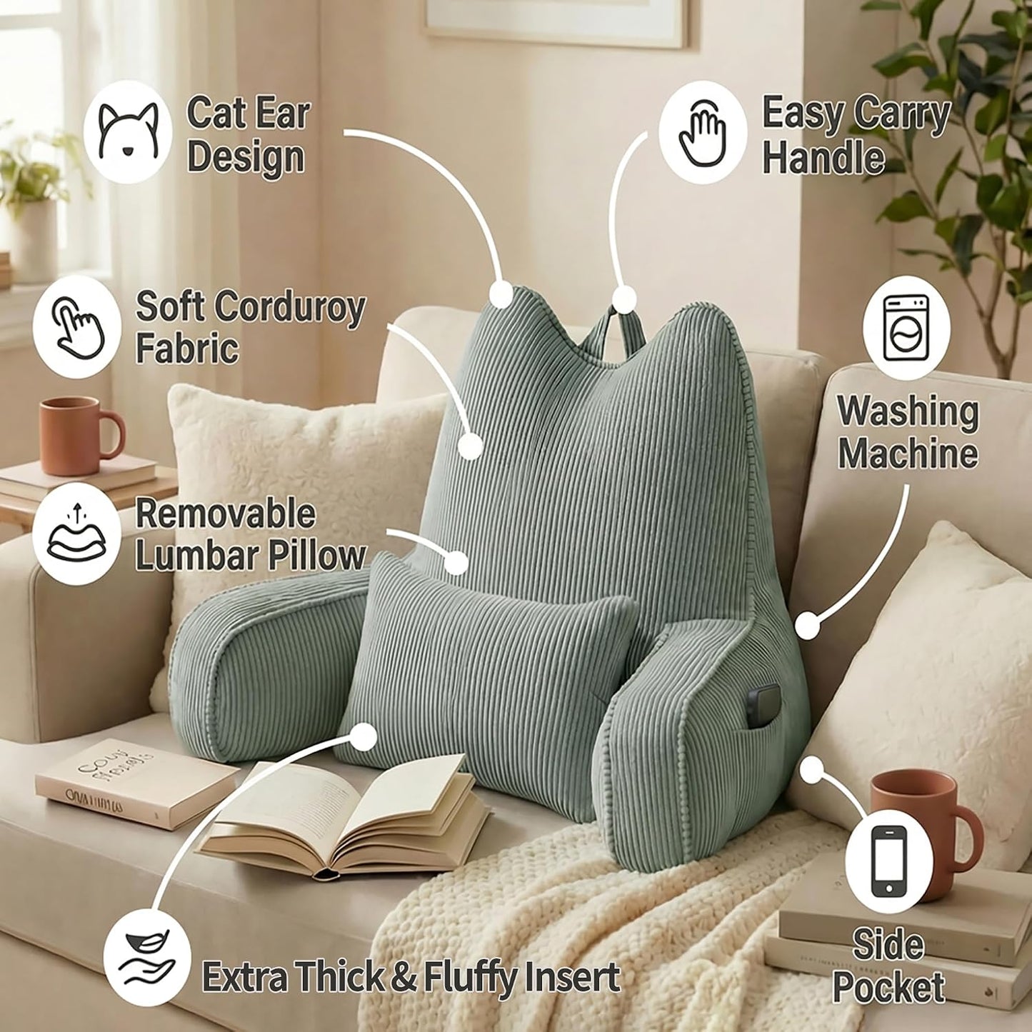 Patented Design Reading Pillow with Arms for Sitting Up, 2-in-1 Bed Rest Pillow with Detachable Lumbar Support, Backrest Support Cushion for Couch with Side Pockets & Handle, Beige Gray
