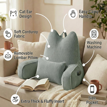 Patented Design Reading Pillow with Arms for Sitting Up, 2-in-1 Bed Rest Pillow with Detachable Lumbar Support, Backrest Support Cushion for Couch with Side Pockets & Handle, Beige Gray