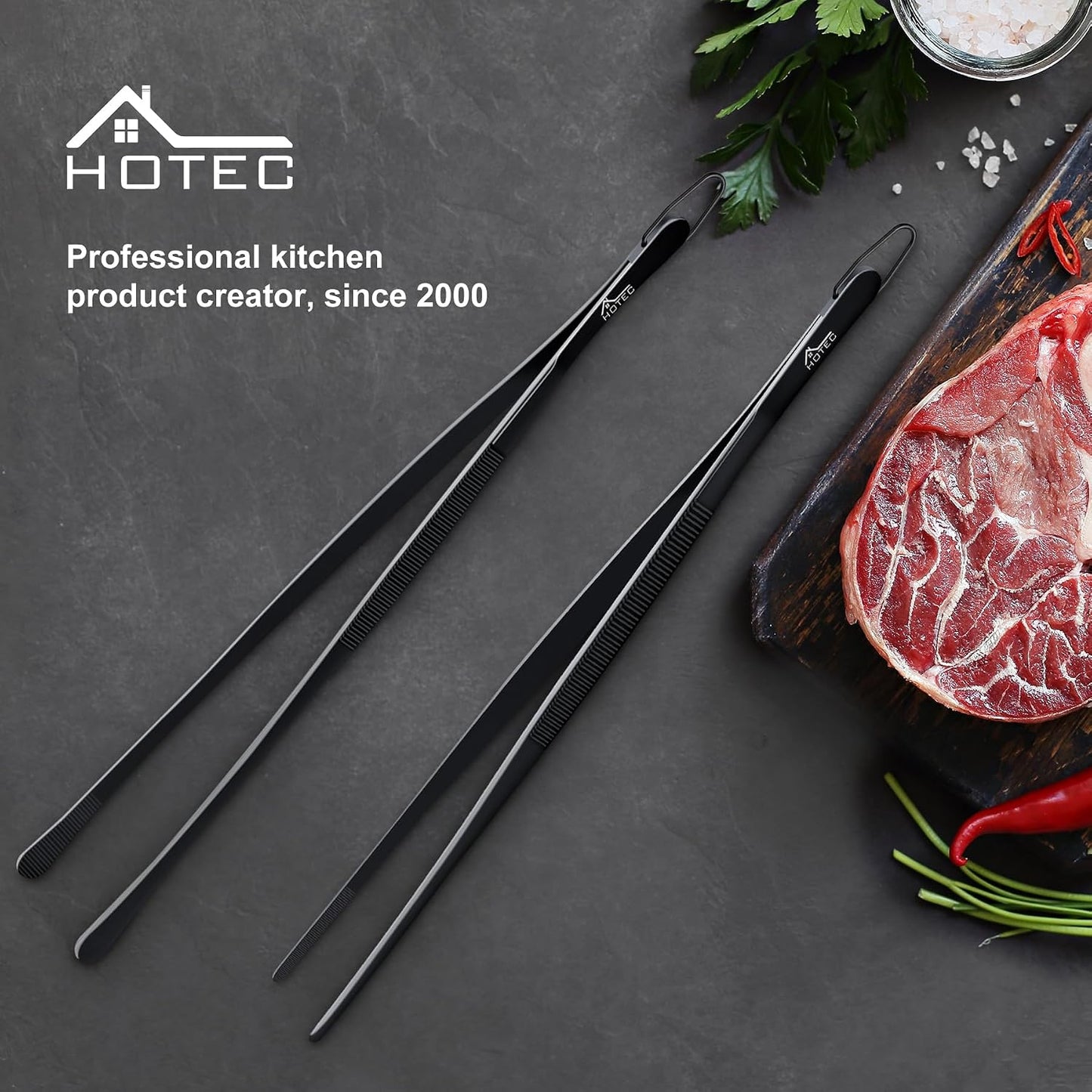 HOTEC Kitchen Tweezers Tongs Stainless Steel, Set of 6 - Professional Cooking Tweezers for Cooking, Chefs, BBQ, Seafood, Baking & Repair
