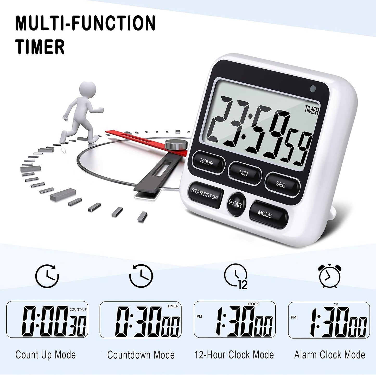 4-in-1 Digital Timer with Count Up/Down, Clock & Alarm, Ring & Silent Modes | Large 2.8-Inch easy-read LCD, On/Off switch, 24-Hour count up/down, Fast-forward function, Magnetic back, stand, hanging hole