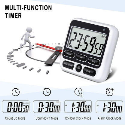 4-in-1 Digital Timer with Count Up/Down, Clock & Alarm, Ring & Silent Modes | Large 2.8-Inch easy-read LCD, On/Off switch, 24-Hour count up/down, Fast-forward function, Magnetic back, stand, hanging hole