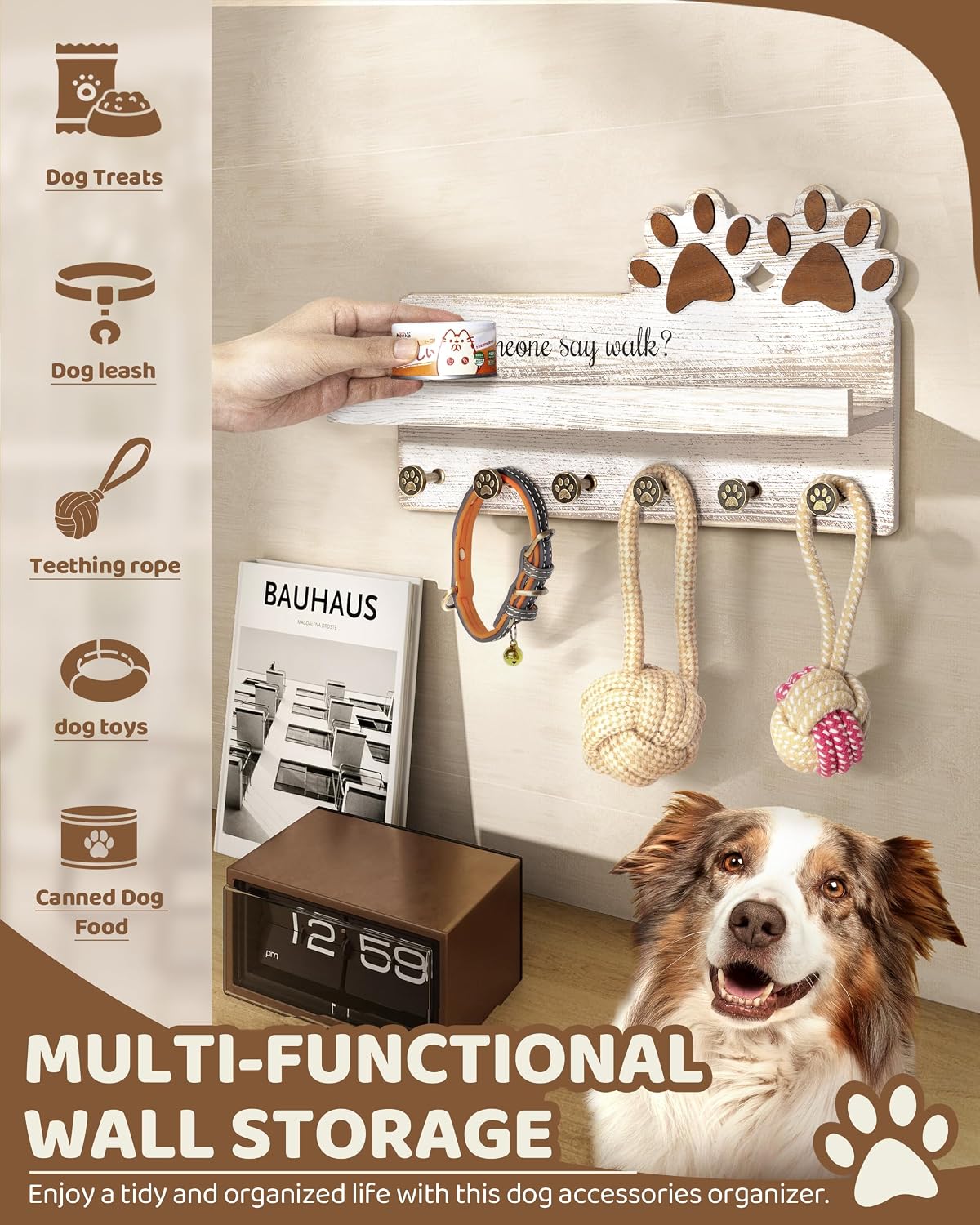 MTERSN Cute Dog Leash Holder for Wall for Pet Station Organizer, Brown