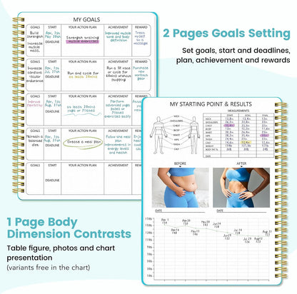 Fitness & Food Journal for Women, Undated 150-day Workout & Wellness Planner with Measuring Tape, Pink Weight Loss Journal for Setting Goals Tracking Exercise Training Diet Progress (9.5’’*7’’)