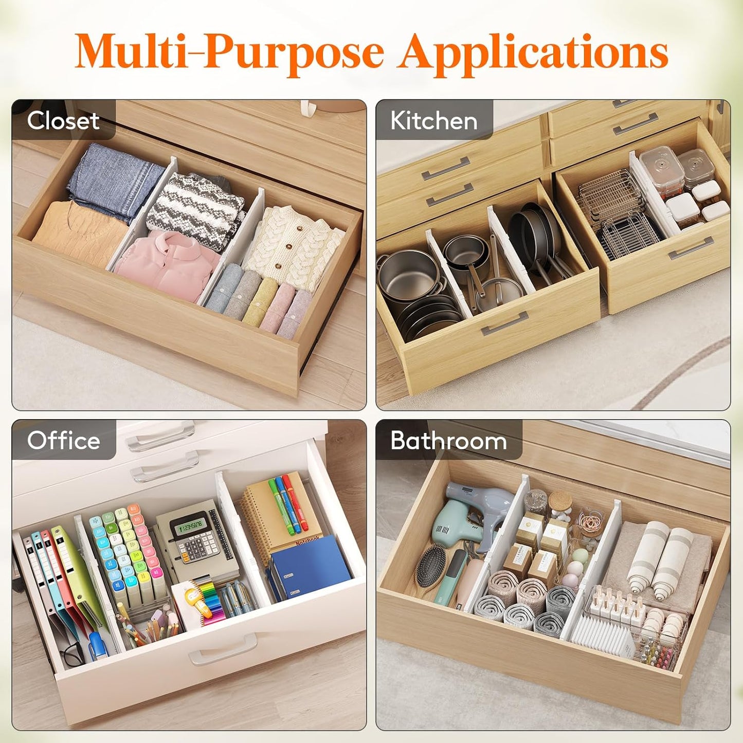 Lifewit 8" Tall Drawer Dividers, Adjustable Deep Drawer Organizer Clothes | 4 Pack 13.8"-22.2" Expandable White Plastic Separators for Dresser, Kitchen, Cabinet, Closet, Office Organization & Storage