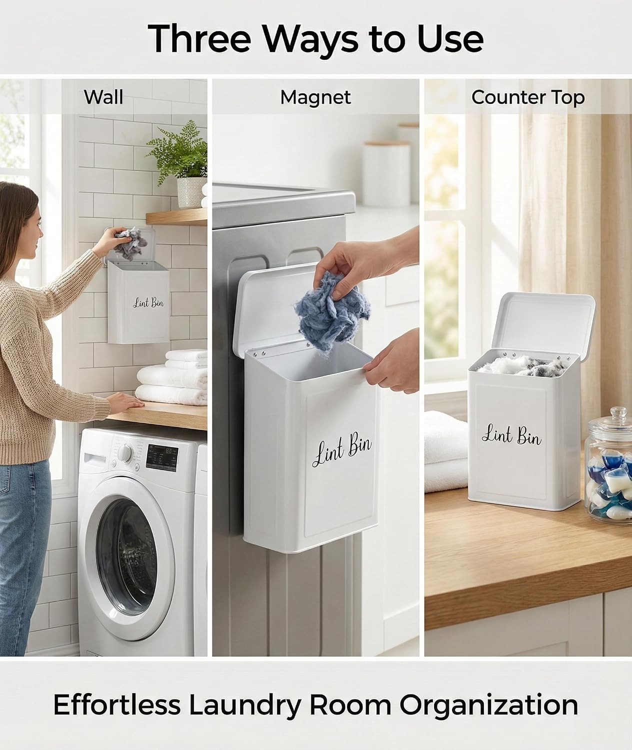 TIRIA Magnetic Lint Bin Wall Mount Metal Dryer Lint Collector Trash Cans 5L | For Laundry Room With Lid, Strong Nylon Brush, Iron Black Magnetic Hook, Adhesive Hooks, Compact Space Saving Metal Design 5L