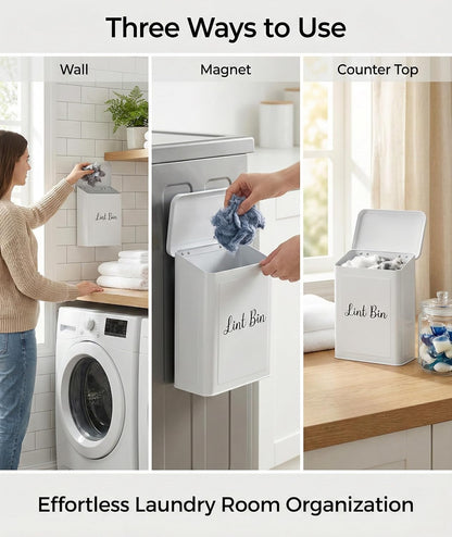 TIRIA Magnetic Lint Bin Wall Mount Metal Dryer Lint Collector Trash Cans 5L | For Laundry Room With Lid, Strong Nylon Brush, Iron Black Magnetic Hook, Adhesive Hooks, Compact Space Saving Metal Design 5L