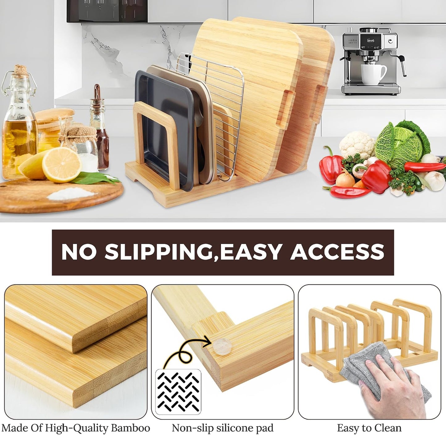 MinBoo Bamboo 5-Slot Adjustable Cutting Board Rack & Bakeware Organizer with Non-Slip Pads for Kitchen Storage,Small