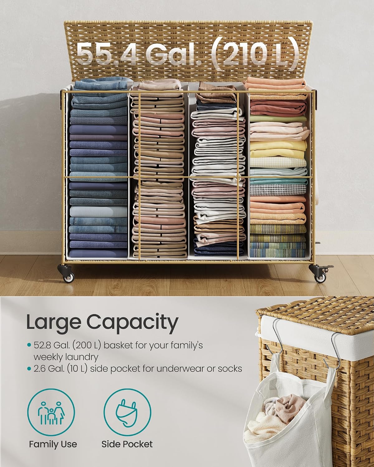 SONGMICS Laundry Hamper with Lid, 42.3 Gallons (160 L), Rolling Laundry Basket with Wheels, 3-Section Synthetic Rattan, Removable Liner, Bedroom, 29.9 x 13 x 26 Inches, Natural ULCB365N01