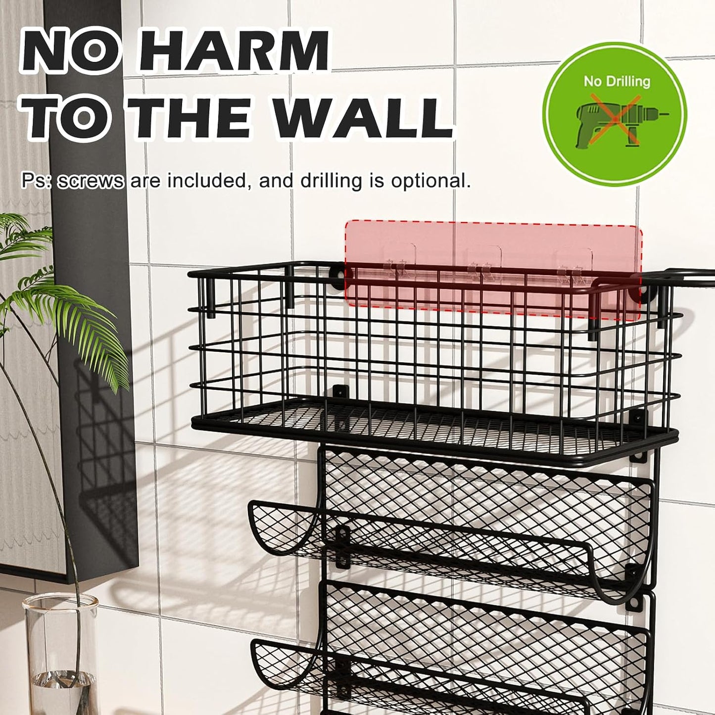 Wall-Mounted Hair Dryer Holder Styling Tool Organizer 4-Shelf Storage Wire Basket with Hook Heat Safe Rack for Hair-Straighteners,Curling Wands,Flat Iron,Cabinet Door Bathroom Kitchen White
