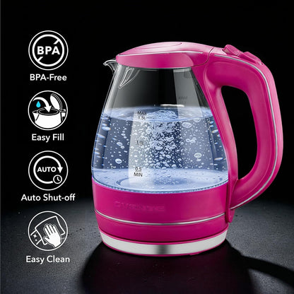OVENTE 1.5L Glass Electric Kettle Water Boiler, Black KG83B | 1100W Fast Boiling, Borosilicate Glass, BPA-Free, Blue LED, Auto Shut-Off, Boil-Dry Protection, Removable Filter, 360° Base