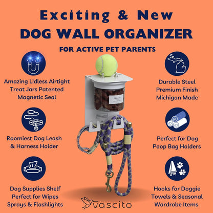 Dog Leash Holder for Wall with Shelf — Wall Mounted Dog Treat Holder & Station, 2 Airtight 32oz Treat Containers, 9 Hooks, Patented Lidless Slide-to-Seal Jars, Solid Steel, Made in USA