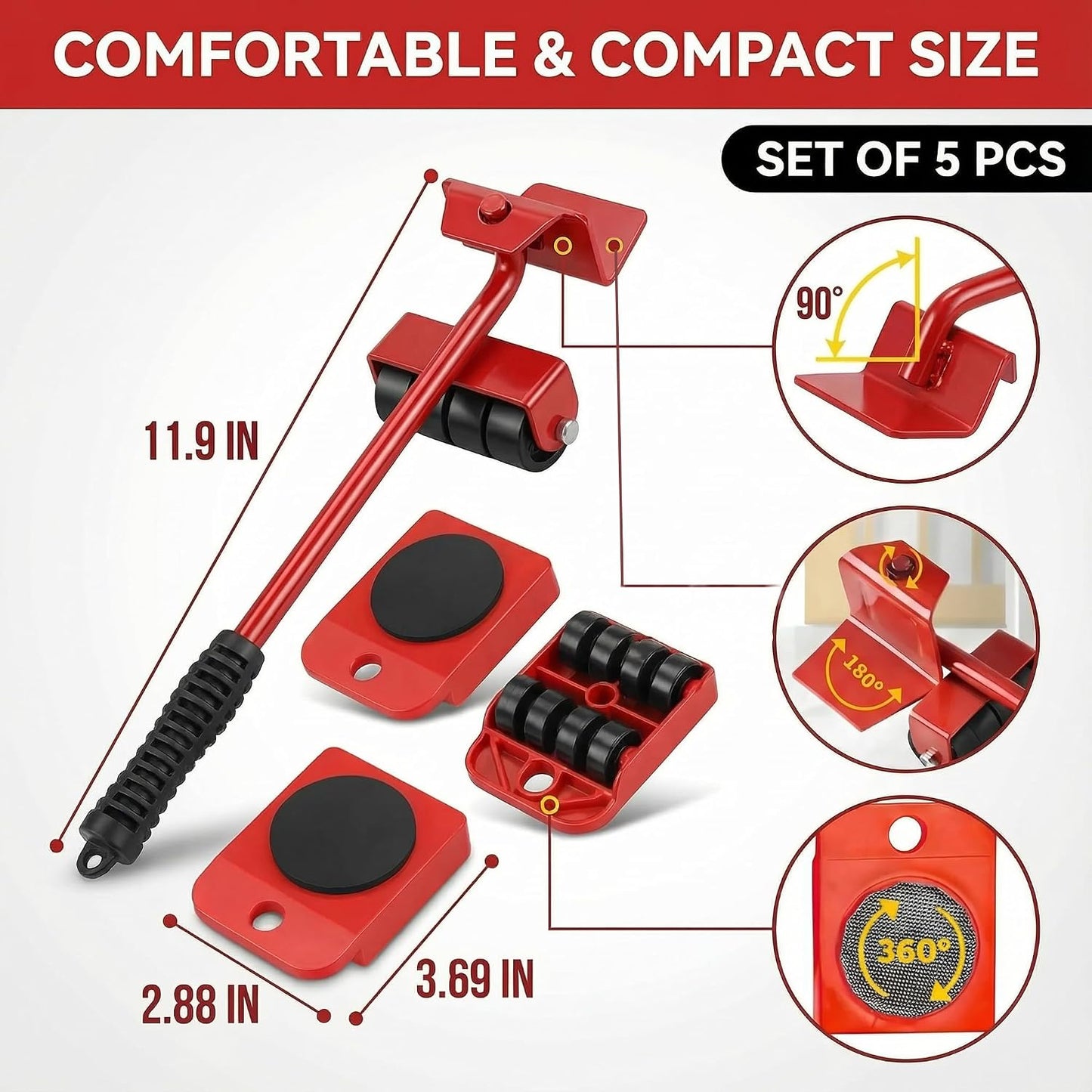 Furniture Lift Tool Set, Upgrade Furniture Movers Sliders Furniture Lifter Tool,Furniture Movers with Adjustable Height Lifting Tool Lever & 4 Wheels, Mover Dolly Sliders Tool (Red)