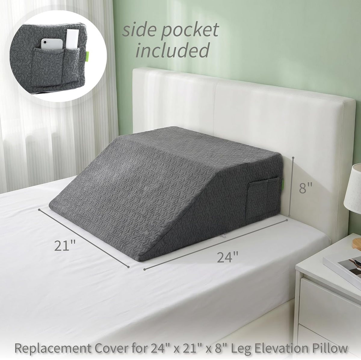 Leg Wedge Pillow Cover 24x21x8 in, Zipper & Pockets, Gray
