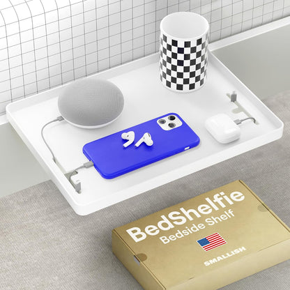 BedShelfie Bedside Shelf for Dorm Room Bunk Bed & Top Bunk, College Dorm Room Essentials, Bedside Caddy, Clip on Floating Desk Tray, Bed Side Table Storage, Loft Nightstand Decor - Cable Catch, Black