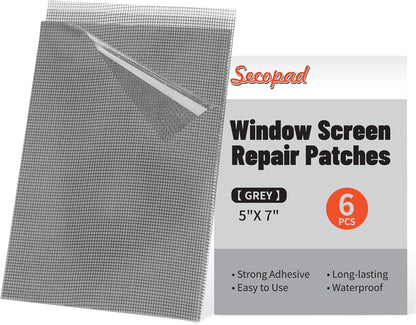 Secopad 6 PCS Screen Patch Tape, 5" X 7" Window Screen Repair Kit, Black | Quick Repair, Strong Adhesive, Easy to Use, For Mesh Window & Door, Cuttable Fiberglass, No Tools Needed