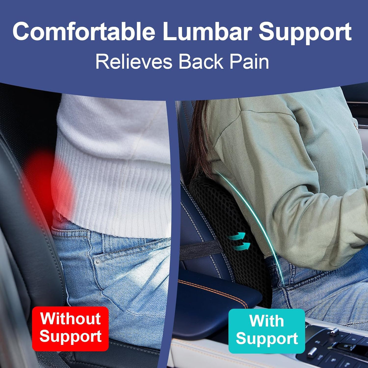 BYMECOST Lumbar Support Pillow for Car, Memory Foam Car Back Cushion