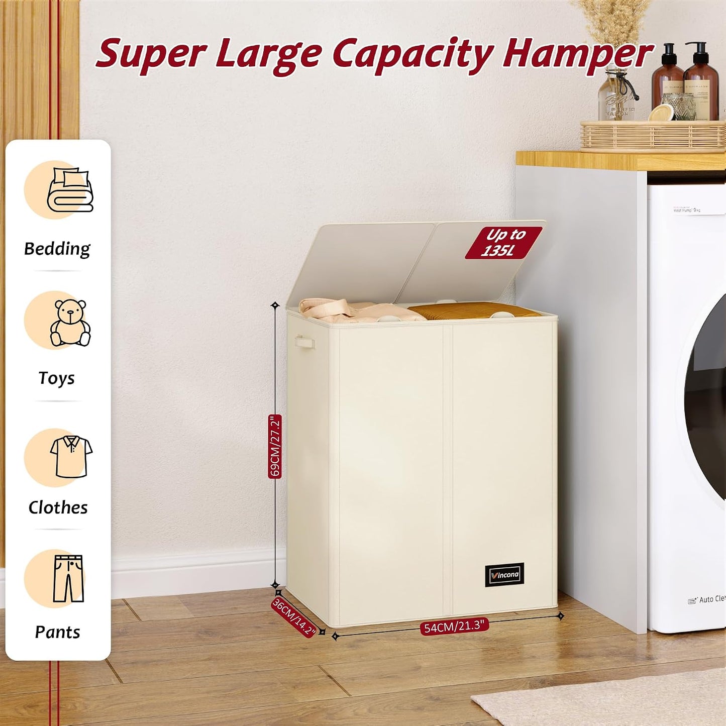 195L Laundry Hamper 3 Section,Large Laundry Hamper with Lid,Dirty Clothes Hamper with 3 Inner Bags,Collapsible Laundry Basket Organizer for Laundry Room,Bedroom,Laundry Sorter Hamper 3 Compartment