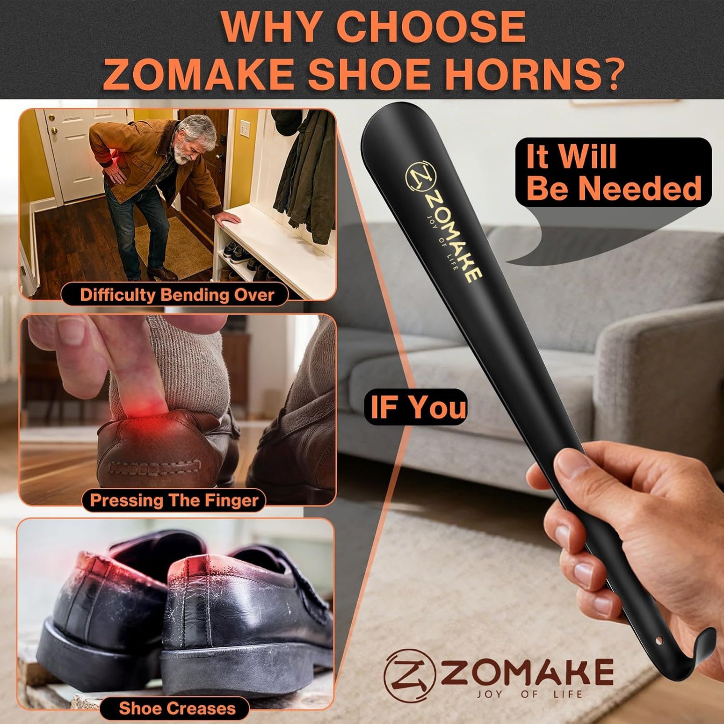 ZOMAKE Shoe Horn Long Handle for Seniors Men Women, Metal Shoehorn 16.5" | Stainless Steel Boot Horn Shoe Spoon Helper, Smooth Rounded Curve, Comfort Grip, No Bending Over, Shoe Care for Daily Use
