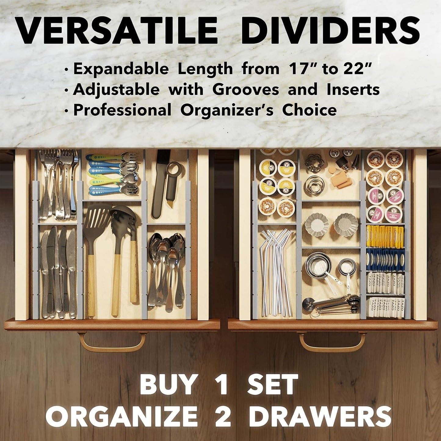 SpaceAid Bamboo Drawer Dividers with Inserts and Labels, Kitchen Adjustable Drawer Organizers, Expandable Organization for Home, Office, Dressers, 4 Dividers with 9 Inserts (17"-22" Natural)