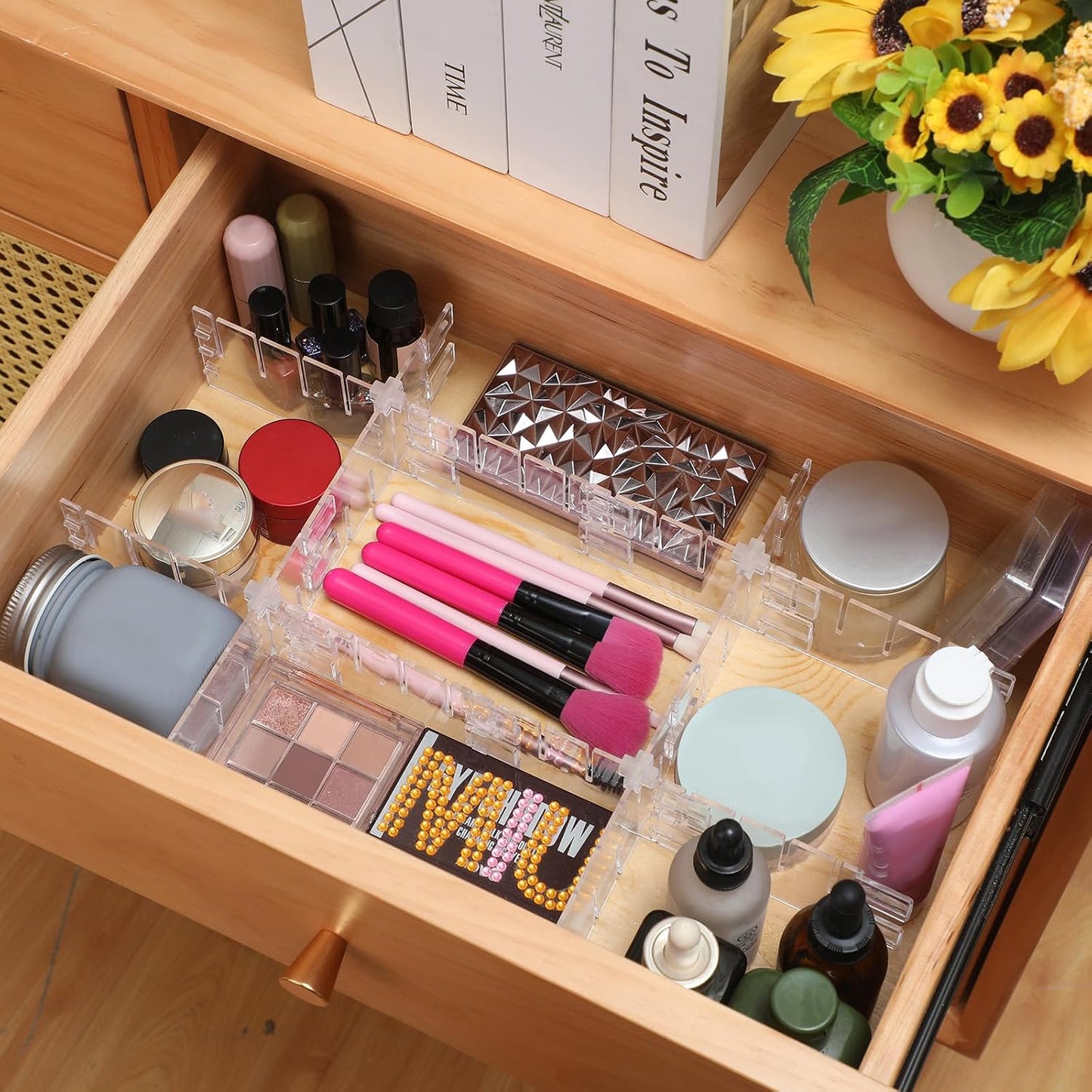 45 Pcs Adjustable Clear Drawer Dividers with Fixed Buckle DIY Plastic Drawer Organizer Box Dividers Back to School Gift for Sock Underwear Makeup Kitchen Bedroom Dresser Office Storage(Clear)