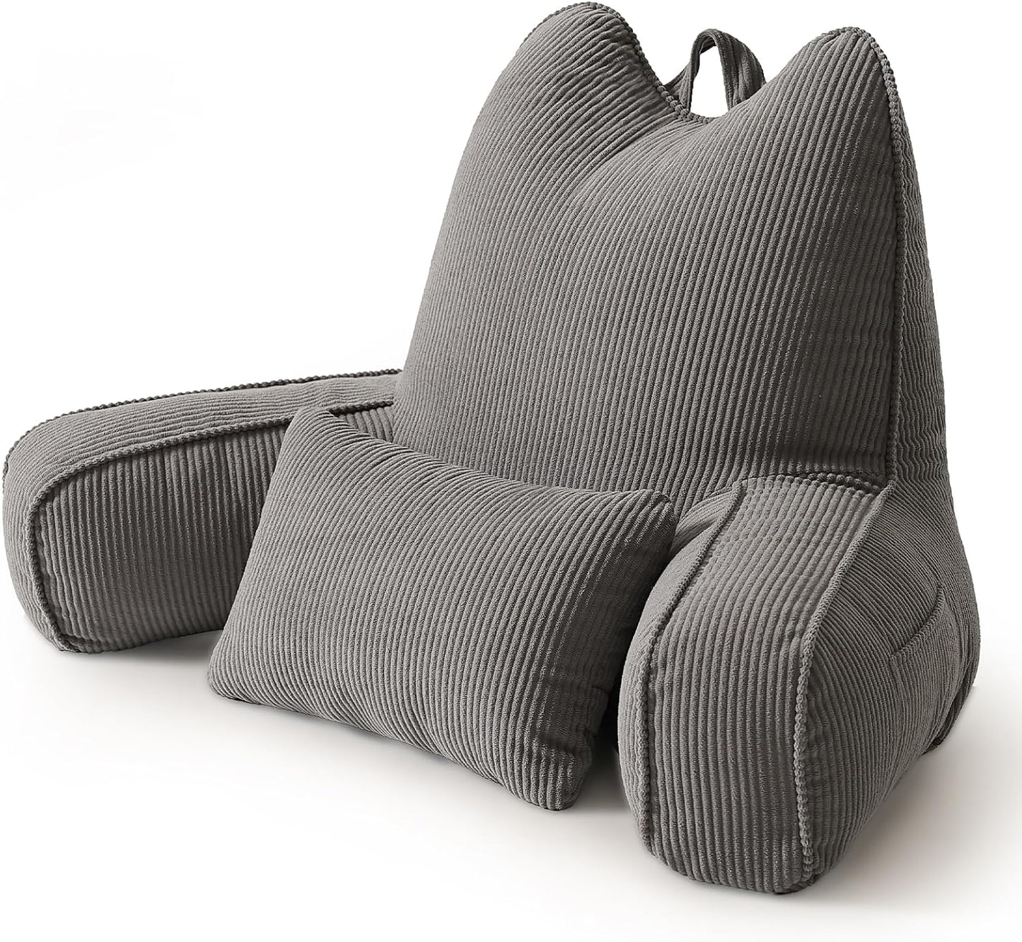 Patented Design Reading Pillow with Arms for Sitting Up, 2-in-1 Bed Rest Pillow with Detachable Lumbar Support, Backrest Support Cushion for Couch with Side Pockets & Handle, Beige Gray
