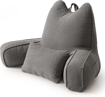 Patented Design Reading Pillow with Arms for Sitting Up, 2-in-1 Bed Rest Pillow with Detachable Lumbar Support, Backrest Support Cushion for Couch with Side Pockets & Handle, Beige Gray