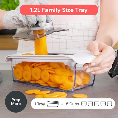 Fullstar Pro Mandoline Vegetable Slicer, Grater & Spiralizer with Container | 6 in 1 Fruit Cutter, Cheese Grater & Spiralizer with Safety Gloves, Stainless Steel Blades & Container (White)