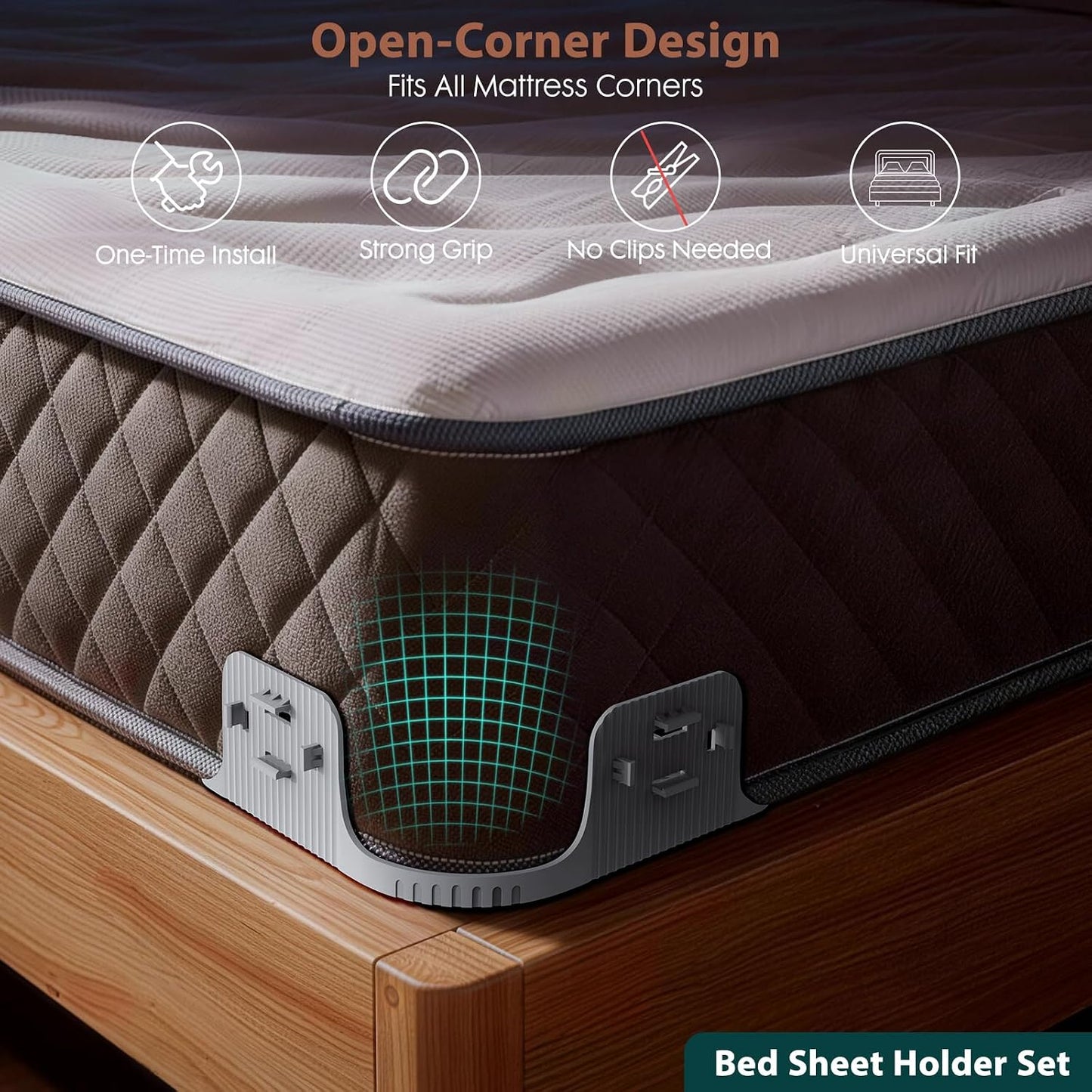 Bed Sheet Holders for Corners, Snap-Lock Fitted Sheet Locks, 4 Pack | 4 snap-lock ABS holders help secure fitted sheet corners; no straps or metal teeth; check 3 in.+ mattress corner clearance