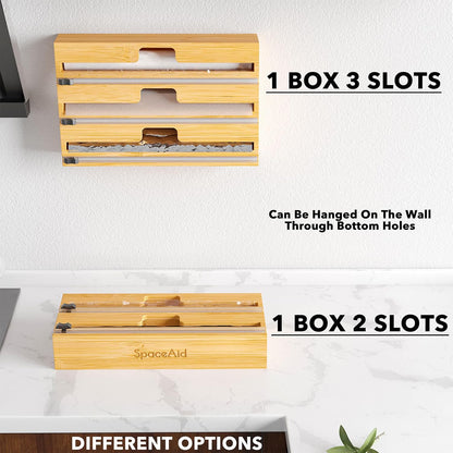SpaceAid WrapNeat 2 in 1 Wrap Organizer with Cutter and Labels, Plastic Wrap, Aluminum Foil and Wax Bamboo Dispenser for Kitchen Storage Organization Holder for 12" Roll (Natural, 2-Slot)