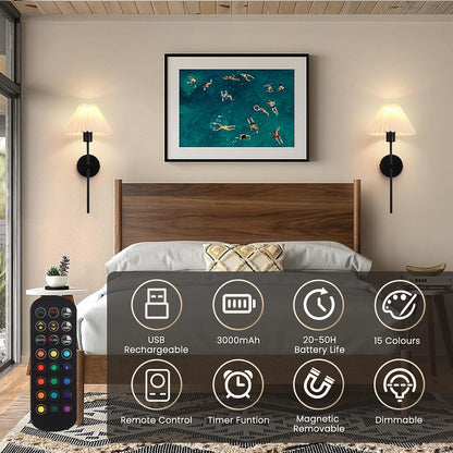 Rechargeable Battery Operated Wall Sconce Sets of 2, 15 Colors Wireless gooseneck Black Wall Lights Fixture with Dimmable Bulbs and Remote, Not Hardwired Wall Mounted Lamps for Bedroom Living Room