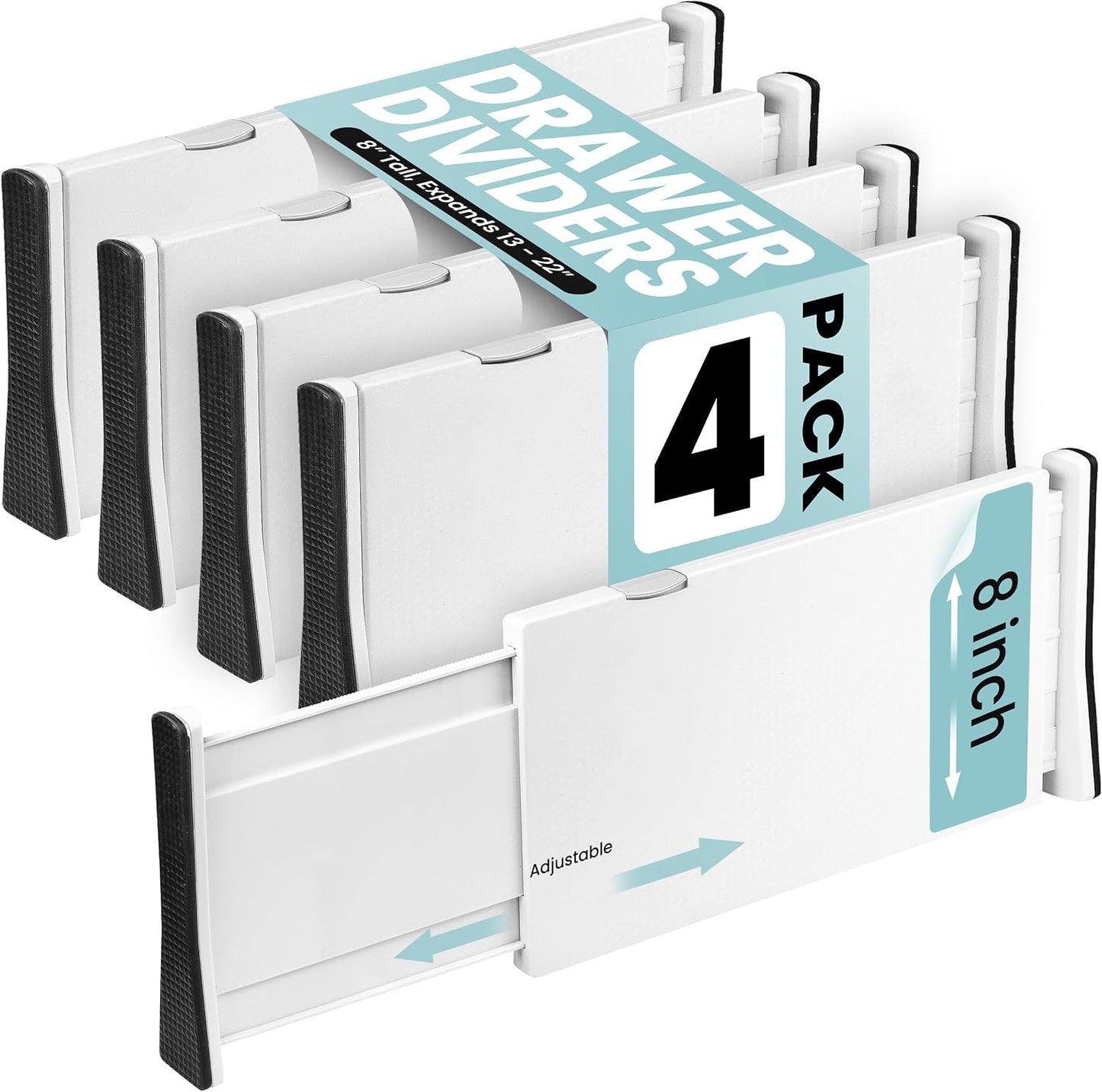 RAPTUROUS Adjustable Deep Drawer Divider – 6" Tall, Expandable 13-22", 4-Pack, Non-Slip Drawer Dividers for Clothes, Dresser, Kitchen & Office Organization (White)