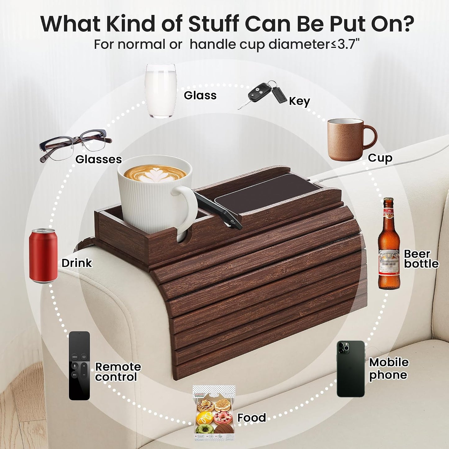 GEHE Couch Cup Holder, Anti Falling Sofa Arm Tray, Natural Bamboo Sofa Cup Holder More Safe for Your Family, Portable Couch Arm Tray Armrest Table for Remote, Snacks, Drinks