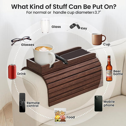 GEHE Couch Cup Holder, Anti Falling Sofa Arm Tray, Natural Bamboo Sofa Cup Holder More Safe for Your Family, Portable Couch Arm Tray Armrest Table for Remote, Snacks, Drinks
