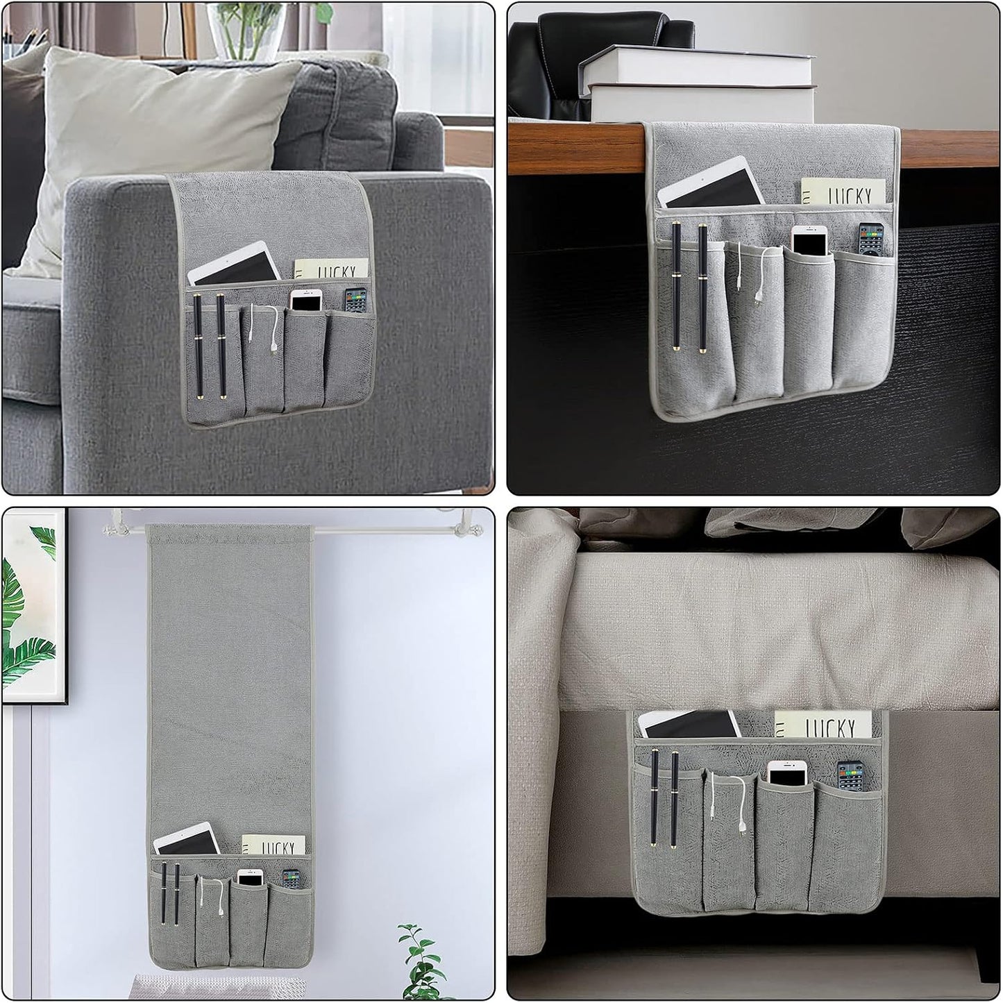 Remote Control Holders for Armchairs, Couch Caddy, Featuring Non-Slip Bases | 5 Pockets Bedside Storage Pocket for TV Remote Holder, Phone Tablet Kindle, Magazines, Gifts for Seniors (Beige, 35"X12.4")