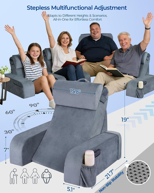 Kayfia Reading Pillow, 30-90° Stepless Adjust Angle & Height, Medium, Grey