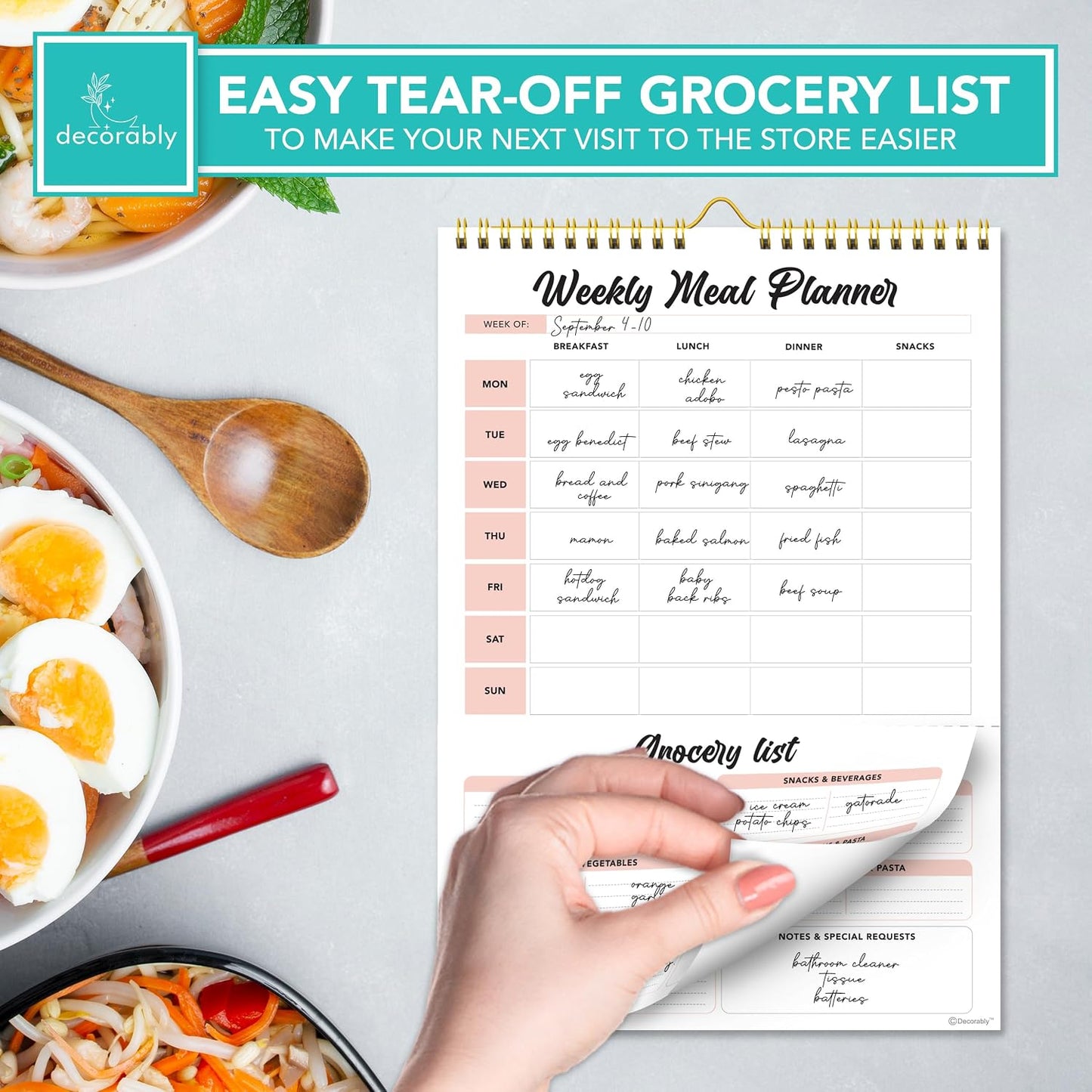 Decorably 52 Sheets Pastel Rainbow Magnetic Weekly Meal Planner for Fridge | 7x10in Undated weekly meal planner and grocery list notepad, 100gsm non-bleed tear-off pad for kitchen & family meal prep