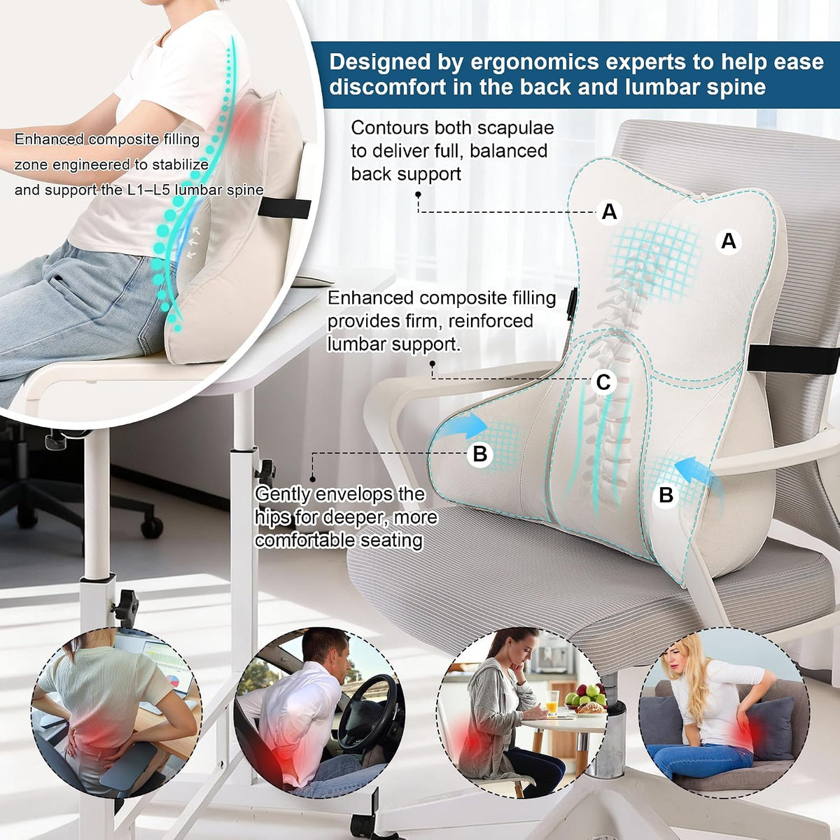 Lumbar Support Pillow(Pat. Pend) – Multi-Functional Ergonomic Back Cushion for Sofa Chair, Car Seat & Sofa, Reading Pillow with Firm Multi-Zone Support to Relieve Lower Back Pain, Misty White