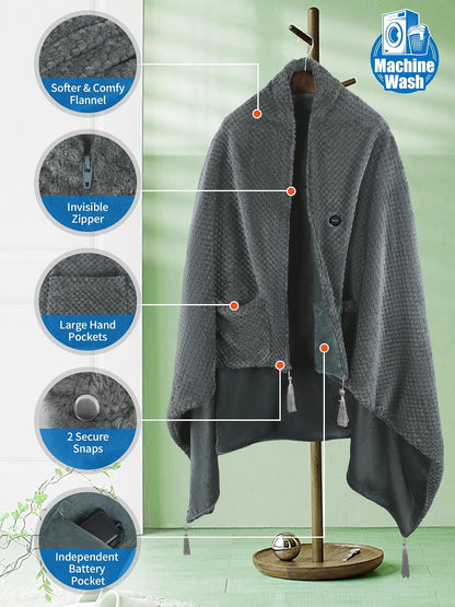 Heated Blanket Throw Battery Operated, Portable Wearable Heat Shawl Poncho | Cordless&Wearable,With 20000mAh Battery and 3 Heat Modes,Electric Heat Outdoor Camping Blanket for Stadium,Traveling,Picnics