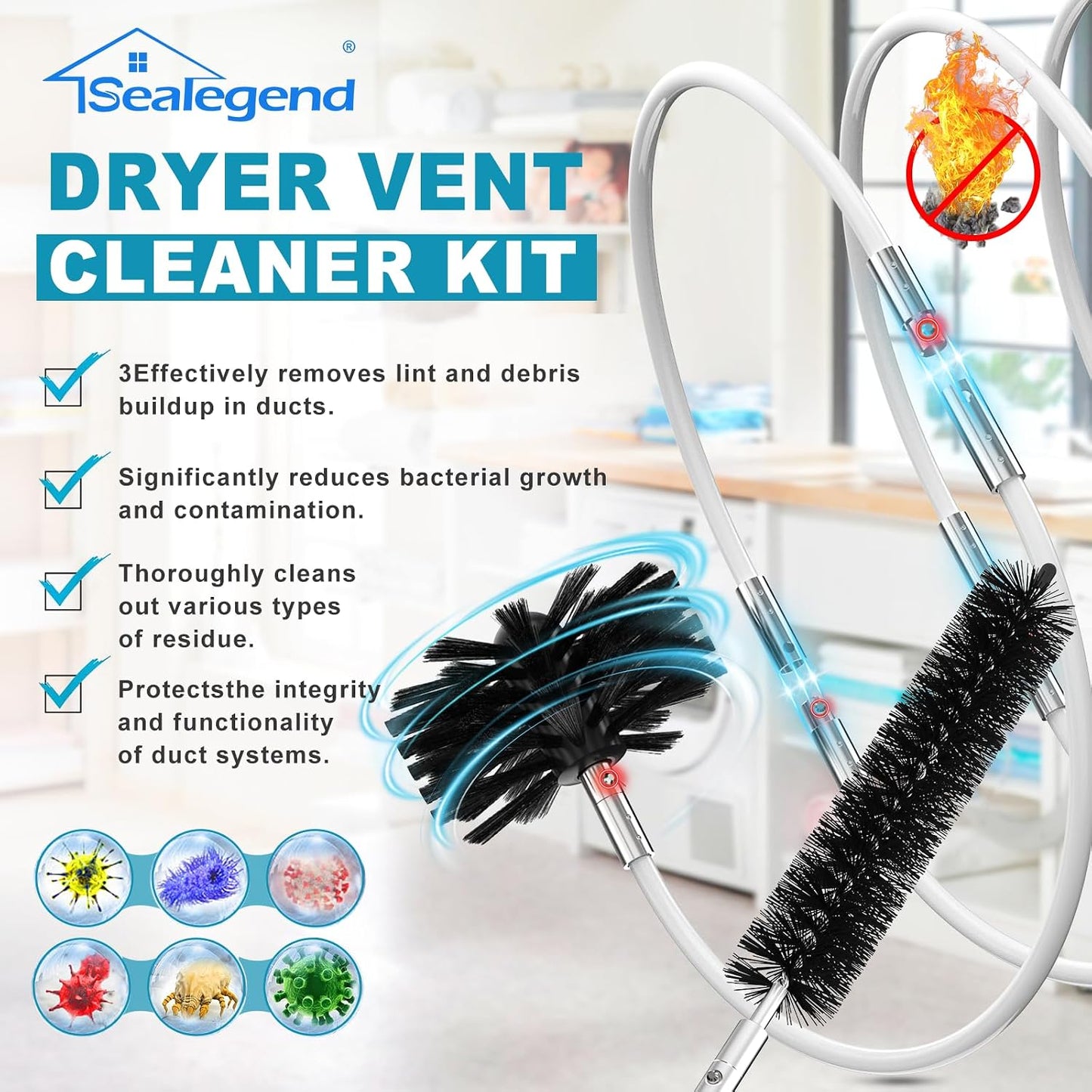 Sealegend 40Ft Dryer Vent Cleaner Kit Flexible Lint Remover | Upgraded Quick-Snap Brush with Drill Attachment for Easy to Use, Deep Clean, Lint Removal, Easy DIY Assembly, Home Essential
