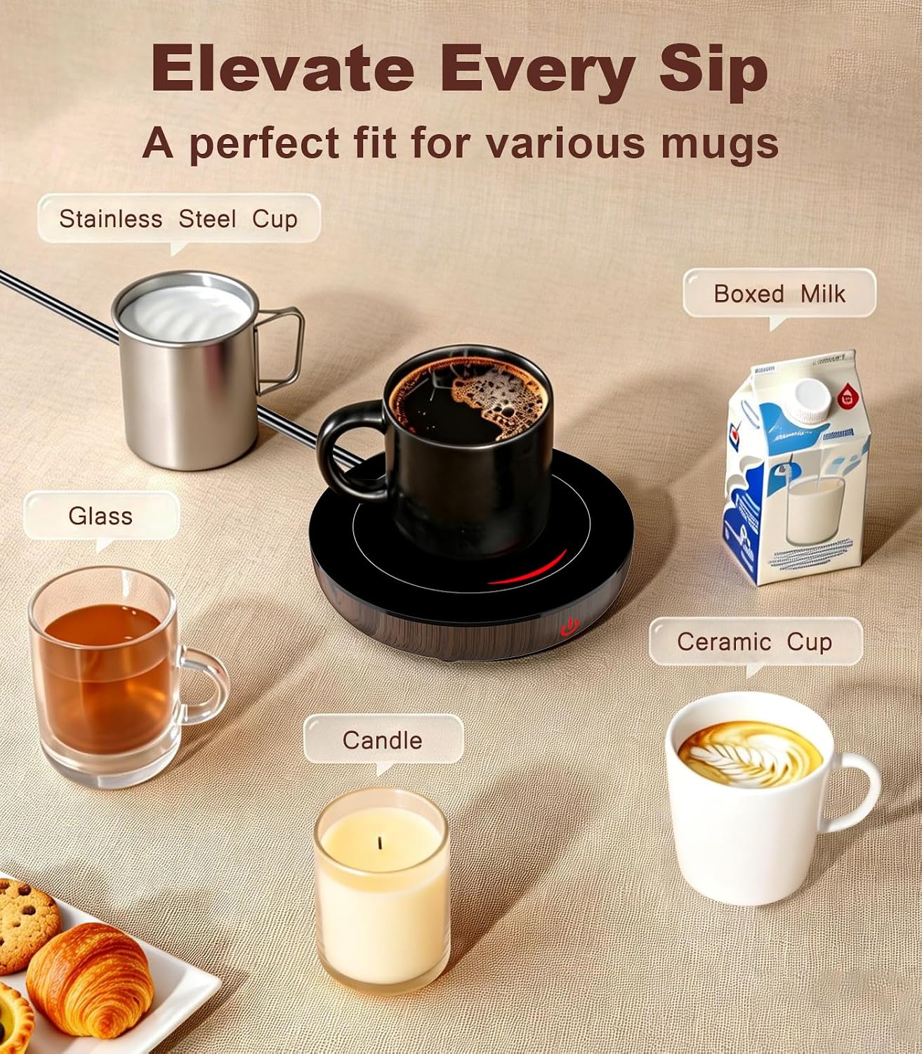 Kepwam Coffee Mug Warmer for Desk, 3-Temp Fast Heating Cup Warmer with 6H Auto Shut Off, LED Light & Smart Candle Warmer for All Beverages, Ideal Gifts for Women Men