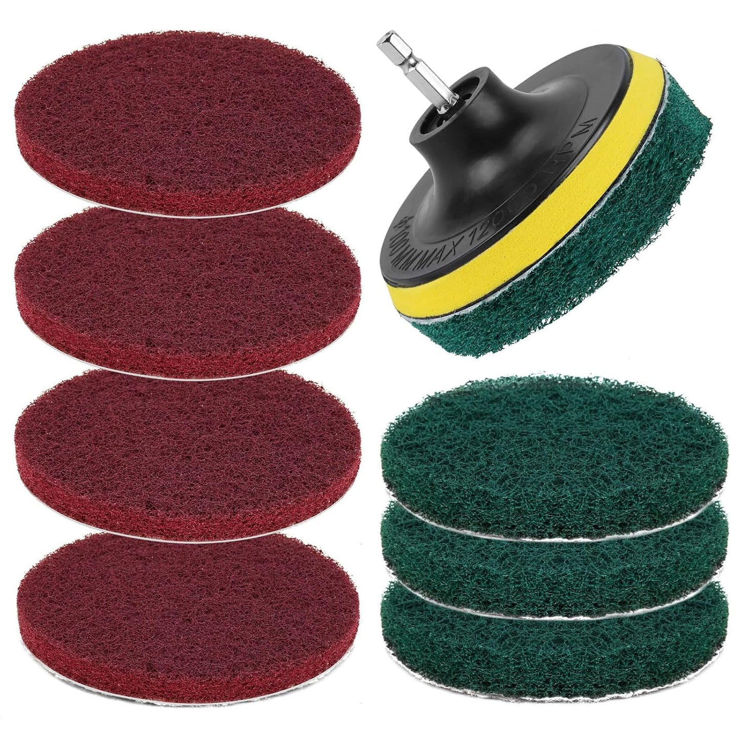 4" Drill Brush Scouring Pads Set, 4Red 4Green + Attachment & Shaft for Tile | 4-Inch Scrub Drill Brush Pads Set: 4 Red, 4 Green Pads, Drill Attachment & Shaft. For Kitchen, Bath, Tile, Glass, Porcelain