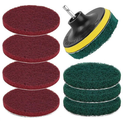 4" Drill Brush Scouring Pads Set, 4Red 4Green + Attachment & Shaft for Tile | 4-Inch Scrub Drill Brush Pads Set: 4 Red, 4 Green Pads, Drill Attachment & Shaft. For Kitchen, Bath, Tile, Glass, Porcelain