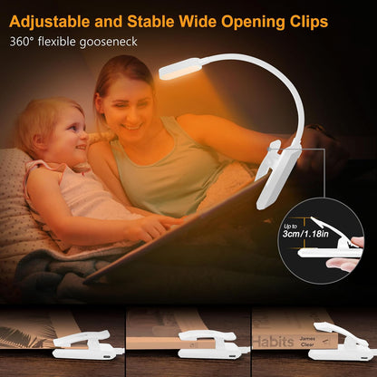 Gritin 16 LED Rechargeable Book Light for Reading in Bed | Eye Caring 3 Color Temperatures,Stepless Dimming Brightness,80 Hrs Runtime,Lightweight Flexible Clip on Light for Book Lovers