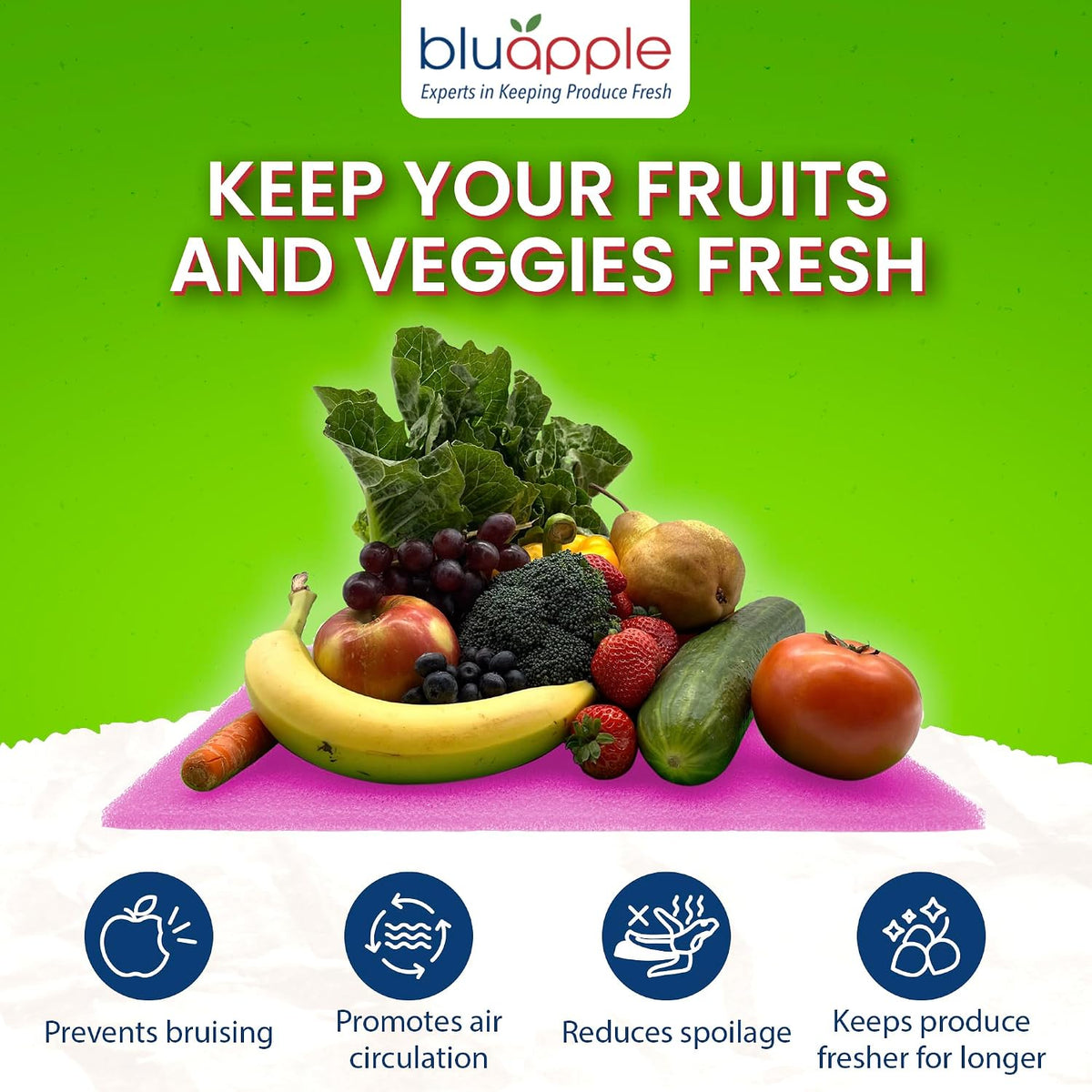 Bluapple FreshMats Fridge Bin Liners, Green, 12x15, Set of 4 Mats