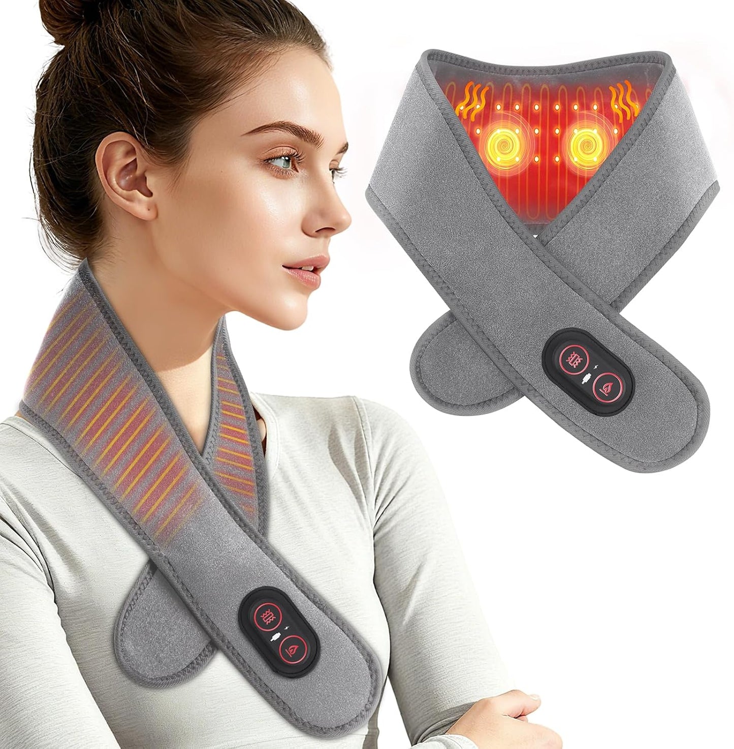 Neck Heating Pad with Massage, Heating Neck Wrap with 660nm 850nm Red Light, with 3000mAh Rechargeable, 3 Levels Heat & 3 Massage