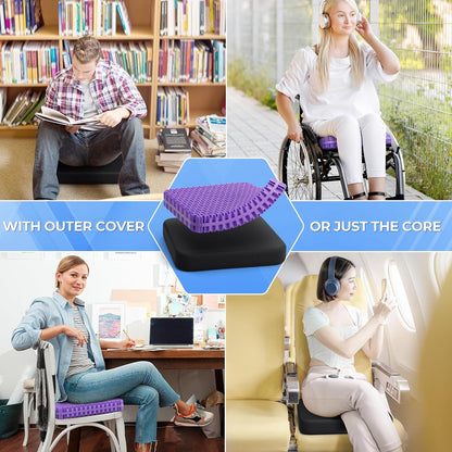 TushGuard Gel Seat Cushion for Long Sitting, Breathable Thick Patent Design | Enlarged Cooling Chair Pad for Office, Wheelchair, Soft Car Cushion for Back, Hip, Sciatica (Standard, Black+Violet)