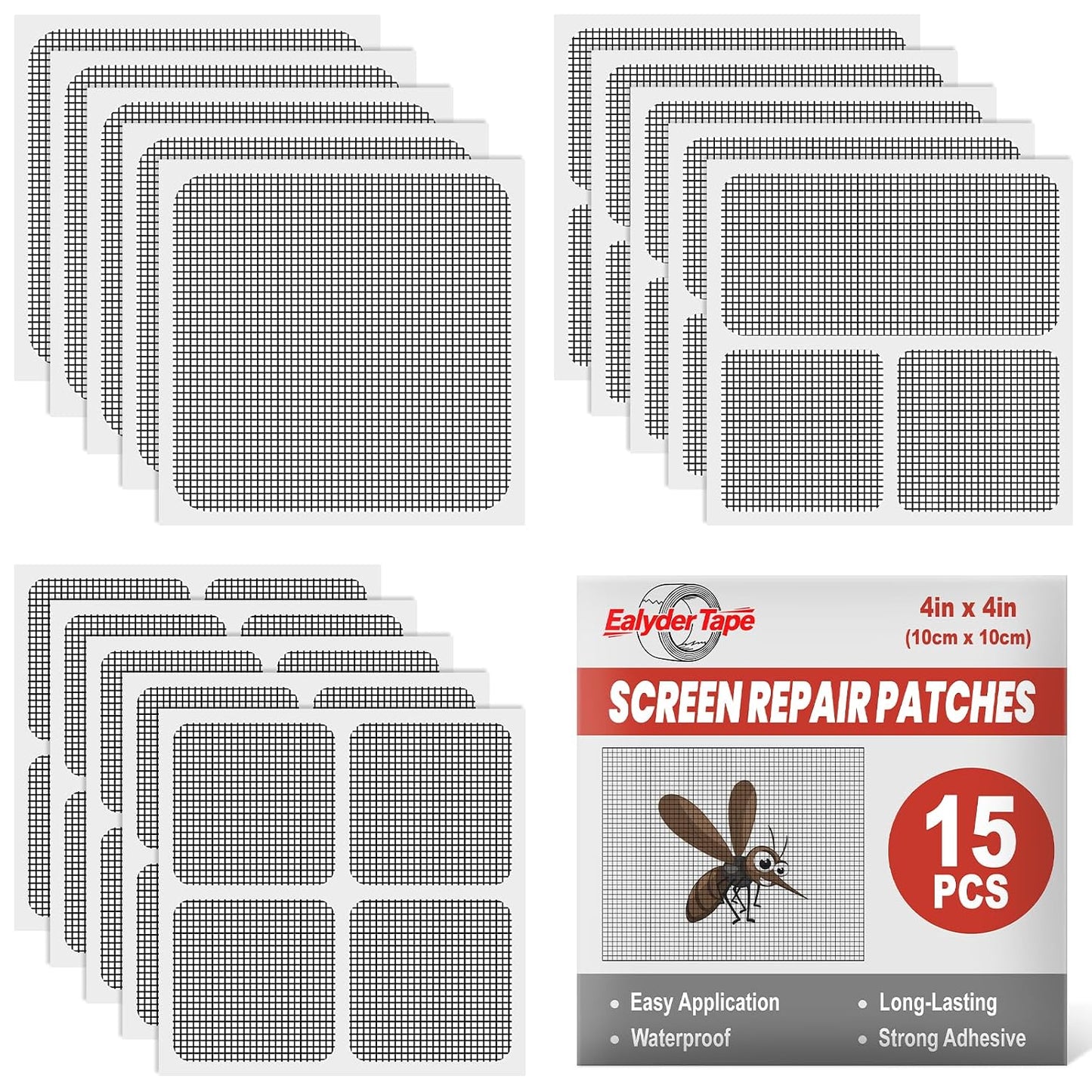 15 Sheets Window Screen Patches Repair Kit Gray 3 Sizes Fiberglass Patches | Self-Adhesive Fiberglass Screen Repair Patches in 3 Sizes, Quick Fix for Window Screen Tears & Holes, Grey