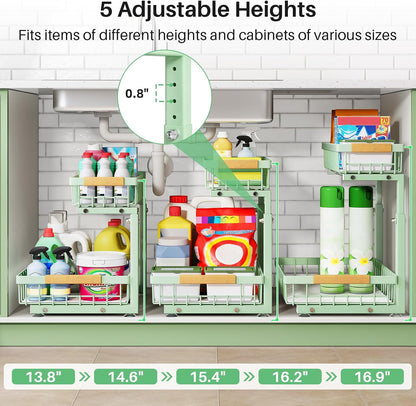 Kitstorack Under Sink Organizer, 2 Tier Under the Sink Storage, Slide out Pull out Cabinet Organizer Shelf, Metal Sliding Drawer for Kitchen Bathroom Pantry Closet Organization Rack, Black, 2 Pack